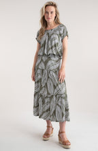 Khaki Palm Leaf Tiered Jersey Maxi Skirt