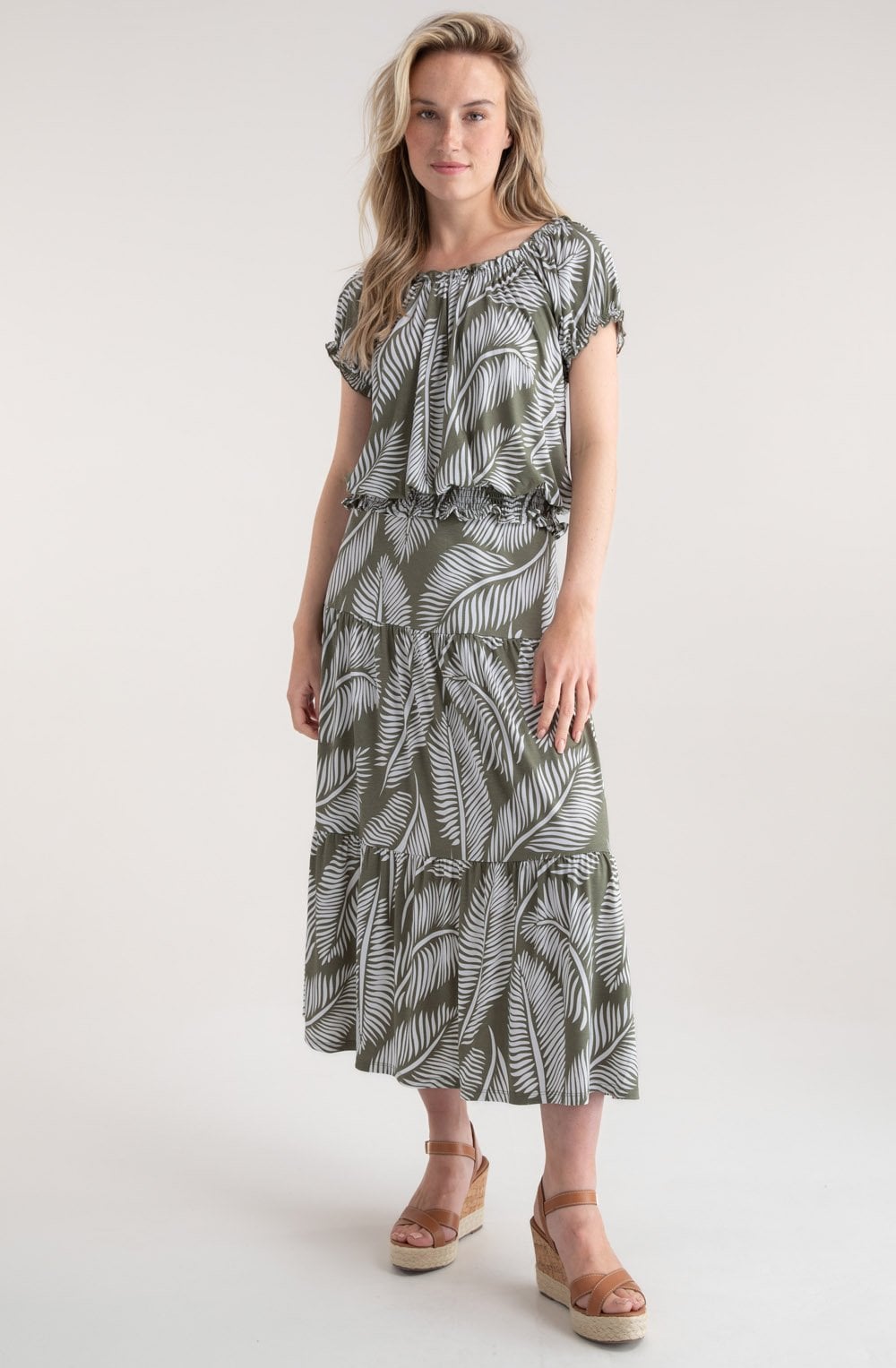 Khaki Palm Leaf Tiered Jersey Maxi Skirt