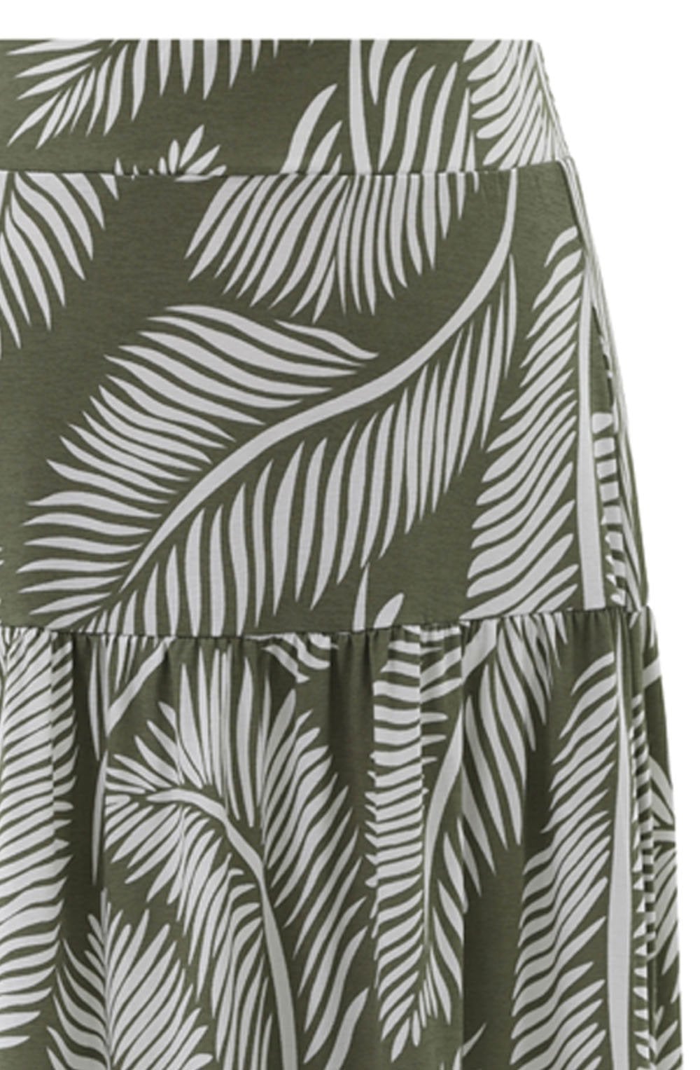 Khaki Palm Leaf Tiered Jersey Maxi Skirt