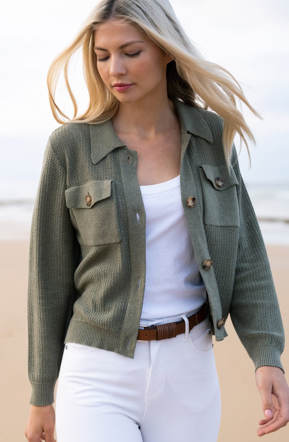 Khaki Perforated Knit Cardigan