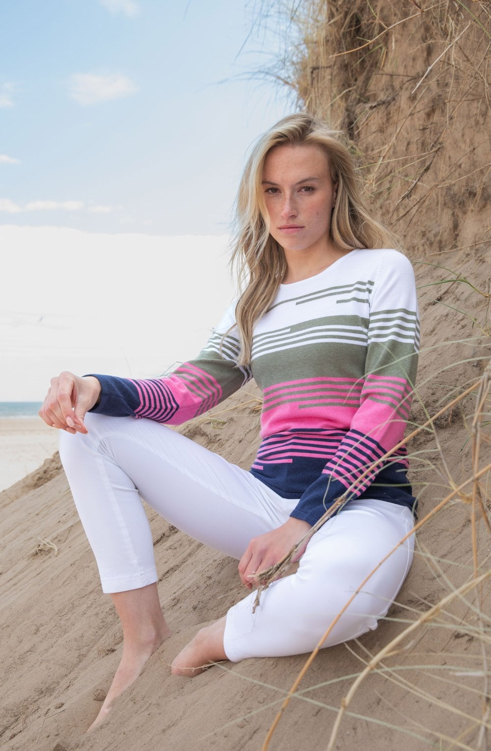 Khaki Staggered Stripe Sweater