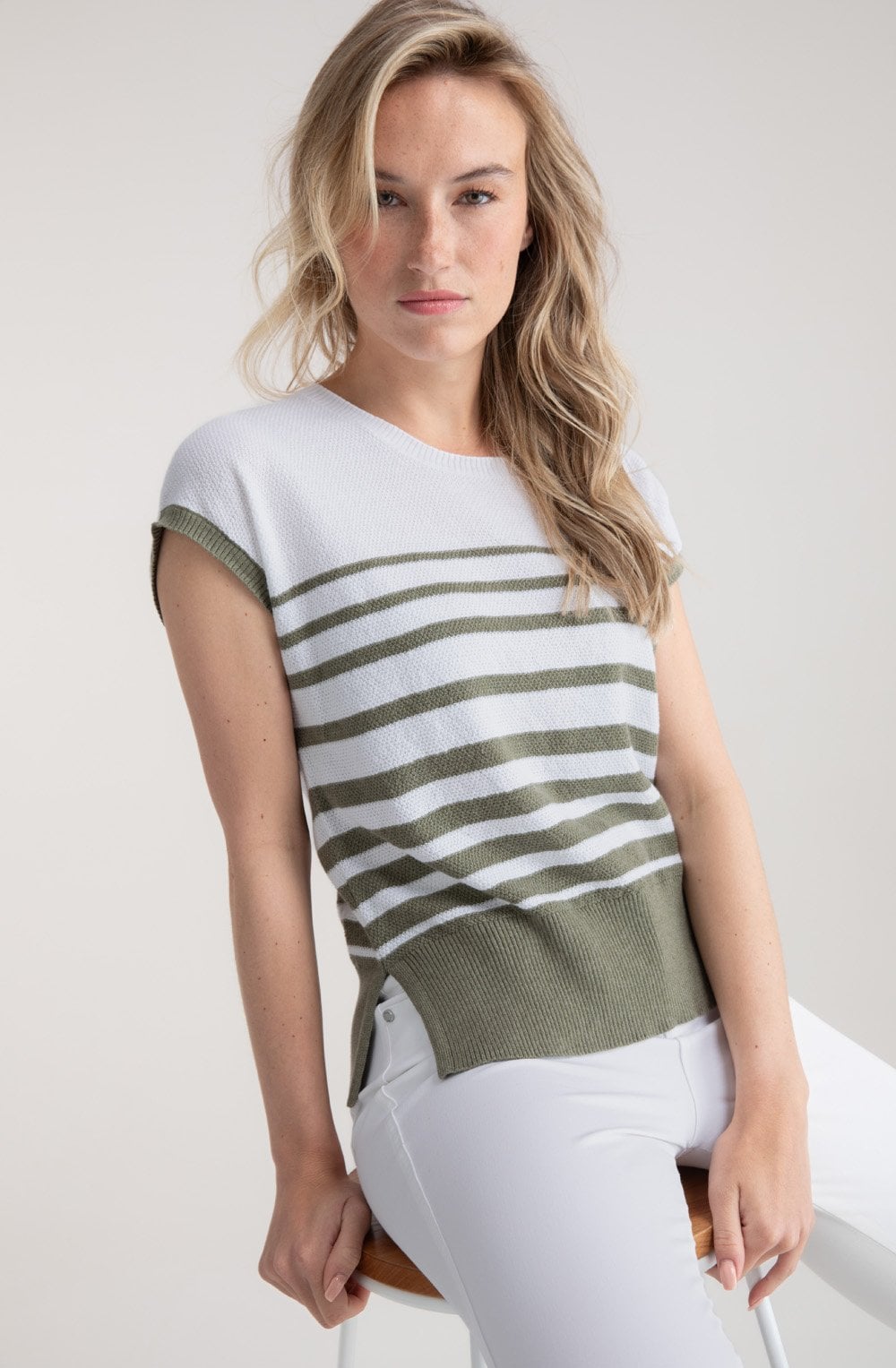 Khaki Textured Knit Cap Sleeve Top