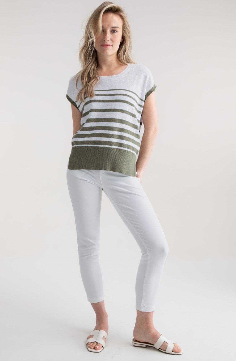 Khaki Textured Knit Cap Sleeve Top