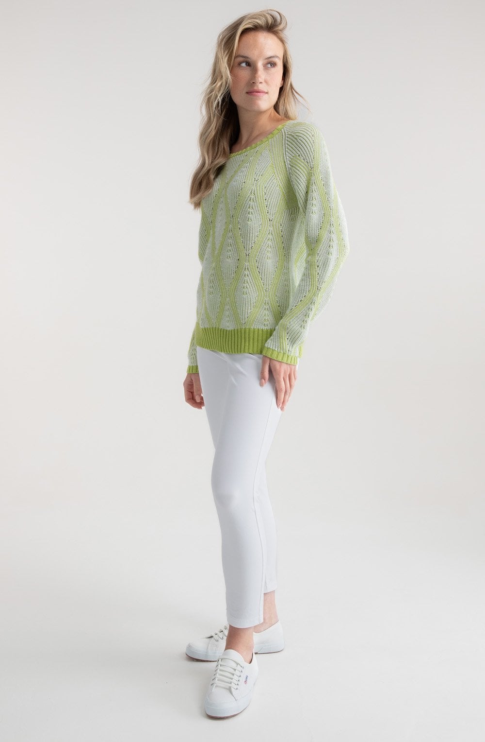 Lime Green and White Patterned Cable Knit Jumper