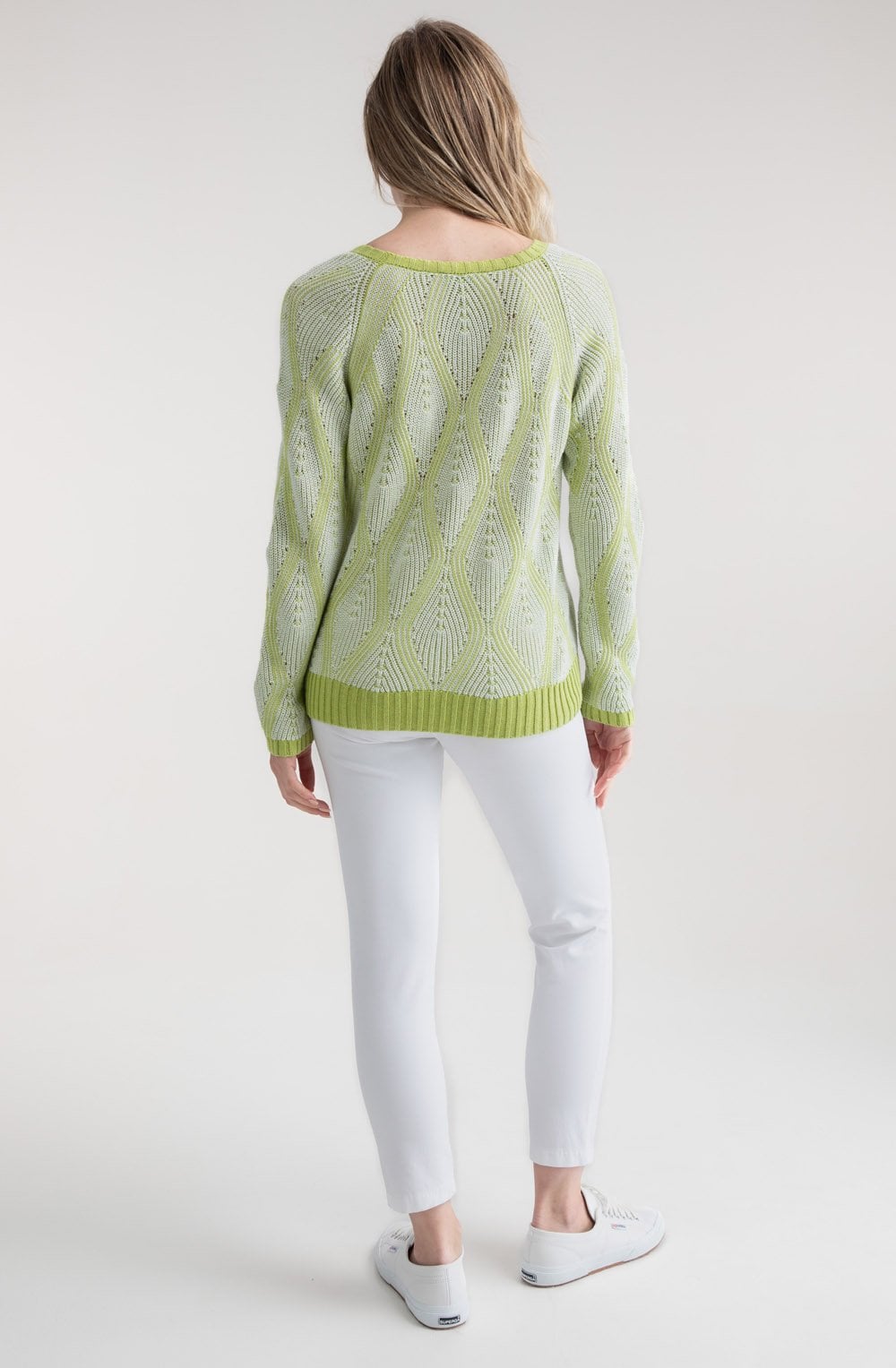 Lime Green and White Patterned Cable Knit Jumper