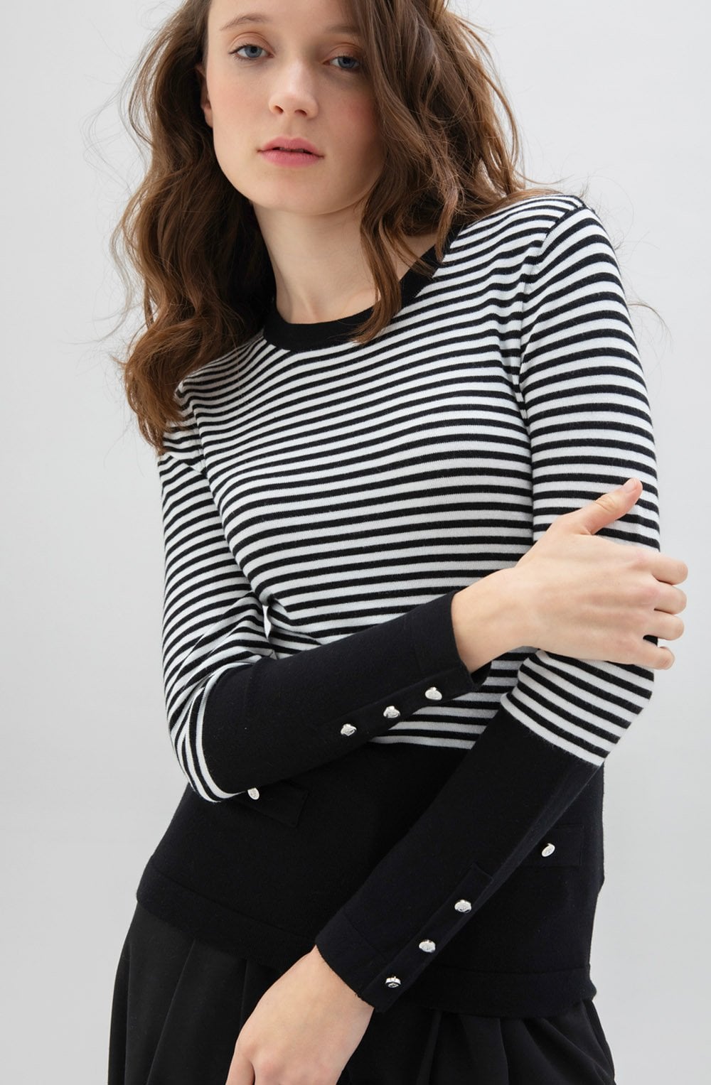 Monochrome Stripes and Silver Button Detail Sweater