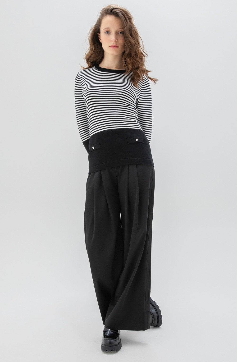 Monochrome Stripes and Silver Button Detail Sweater