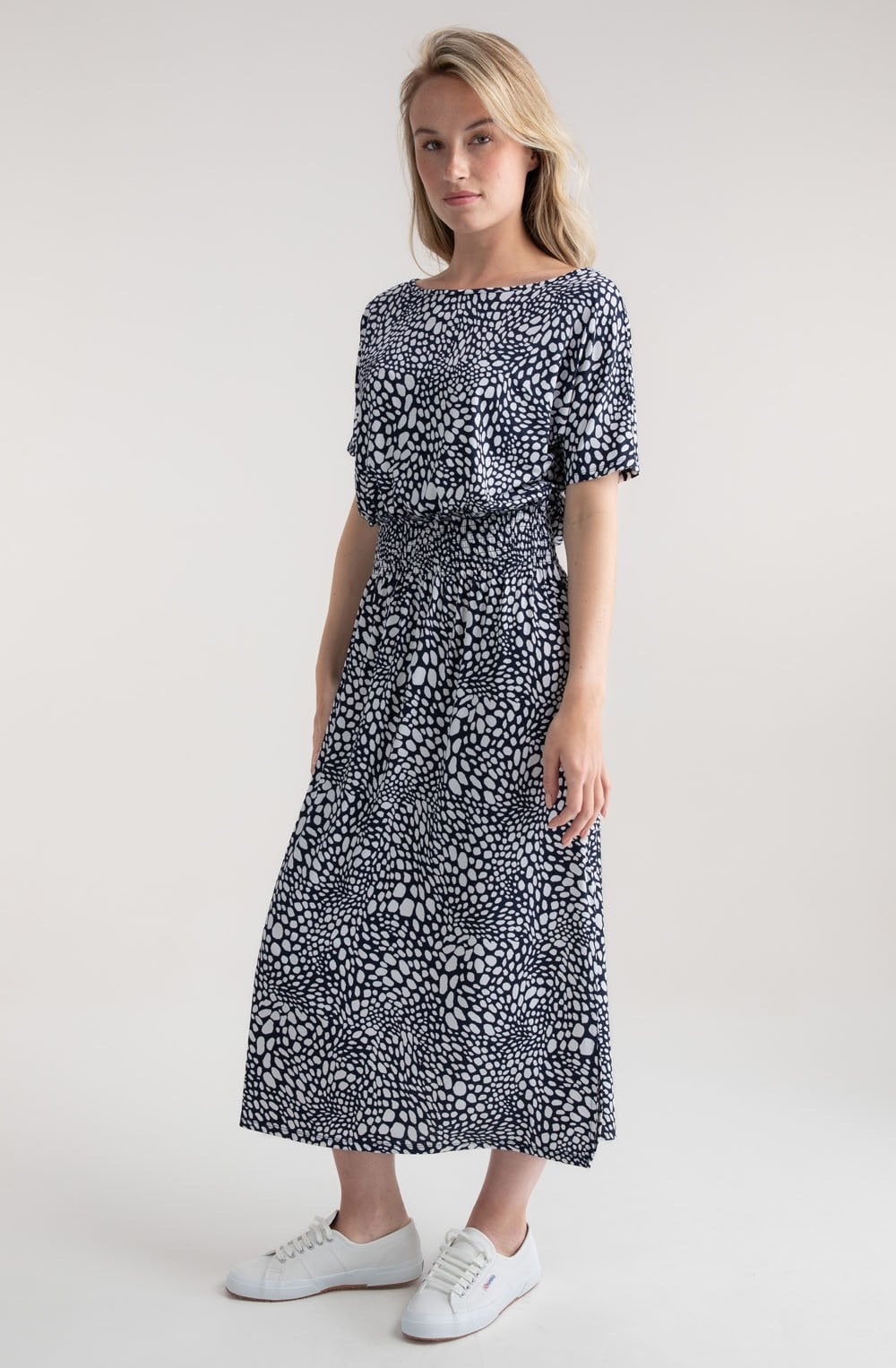Navy Abstract Print On Or Off The Shoulder Dress