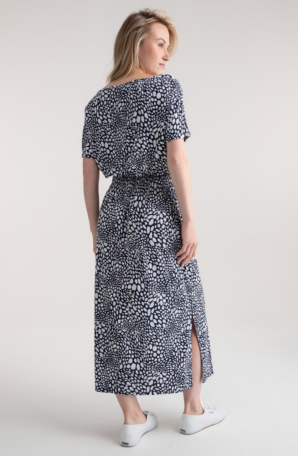 Navy Abstract Print On Or Off The Shoulder Dress