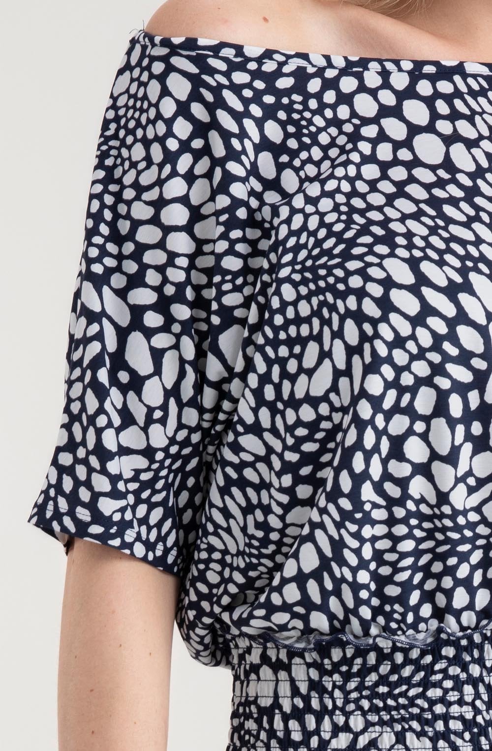 Navy Abstract Print On Or Off The Shoulder Dress