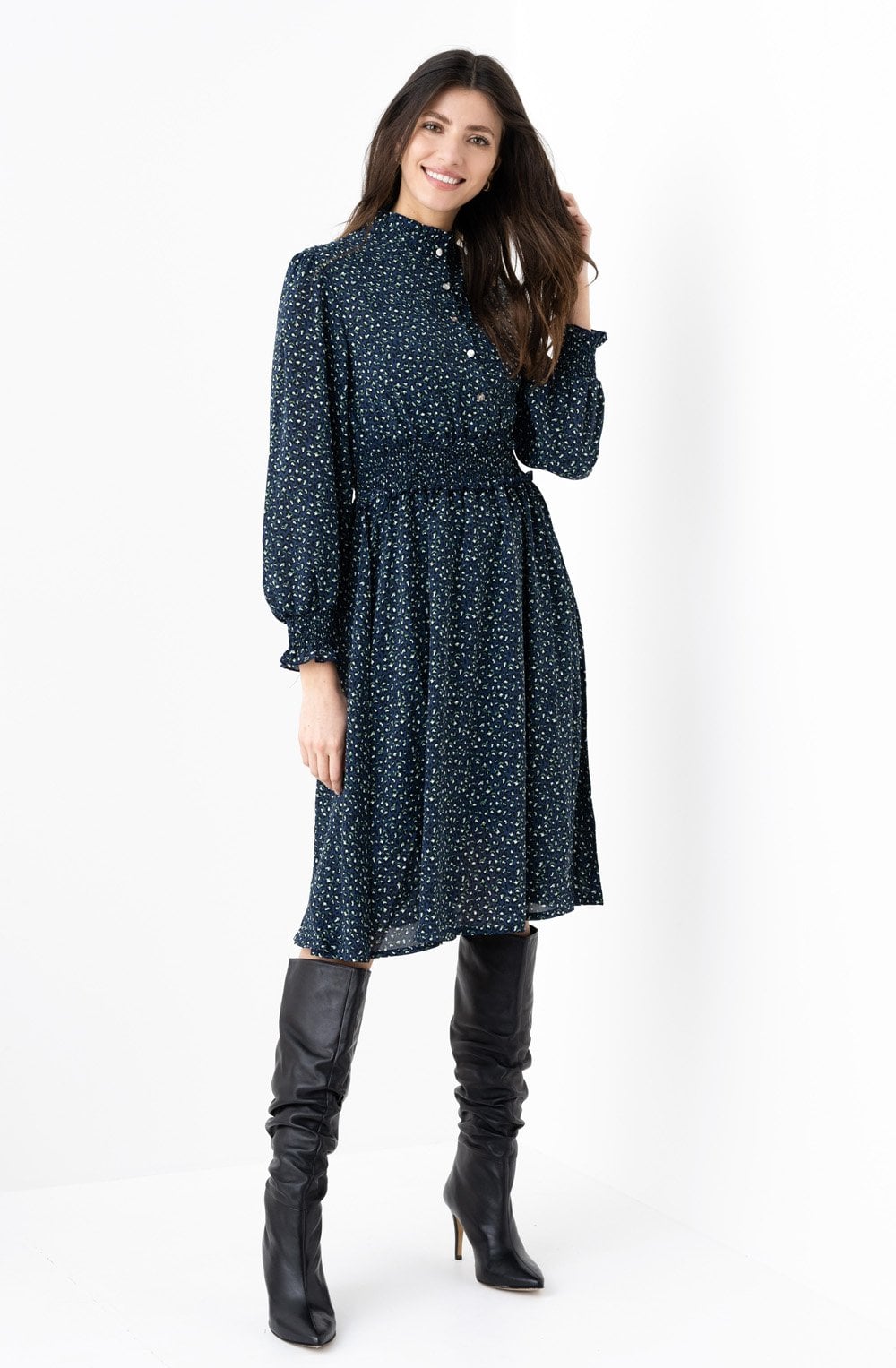 Navy and Green Patterned Dress