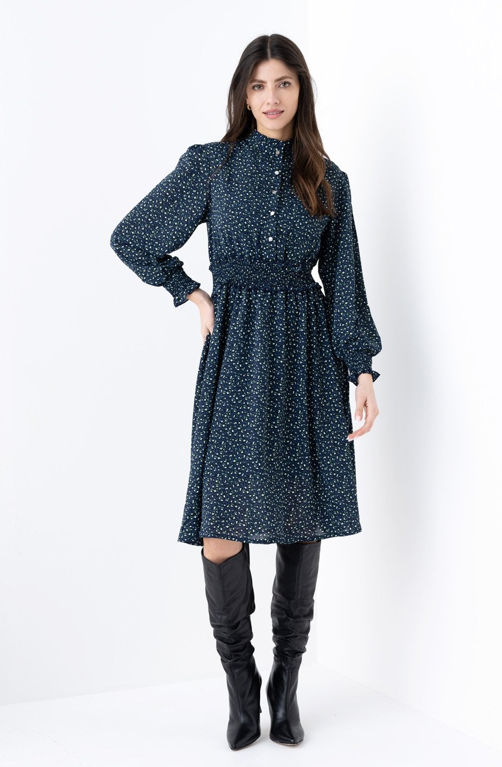 Navy and Green Patterned Dress