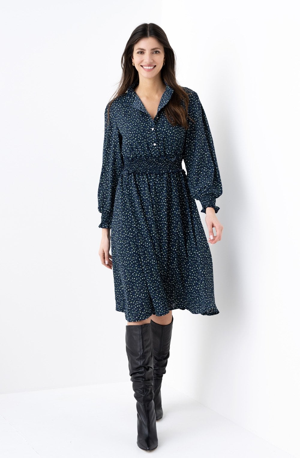 Navy and Green Patterned Dress