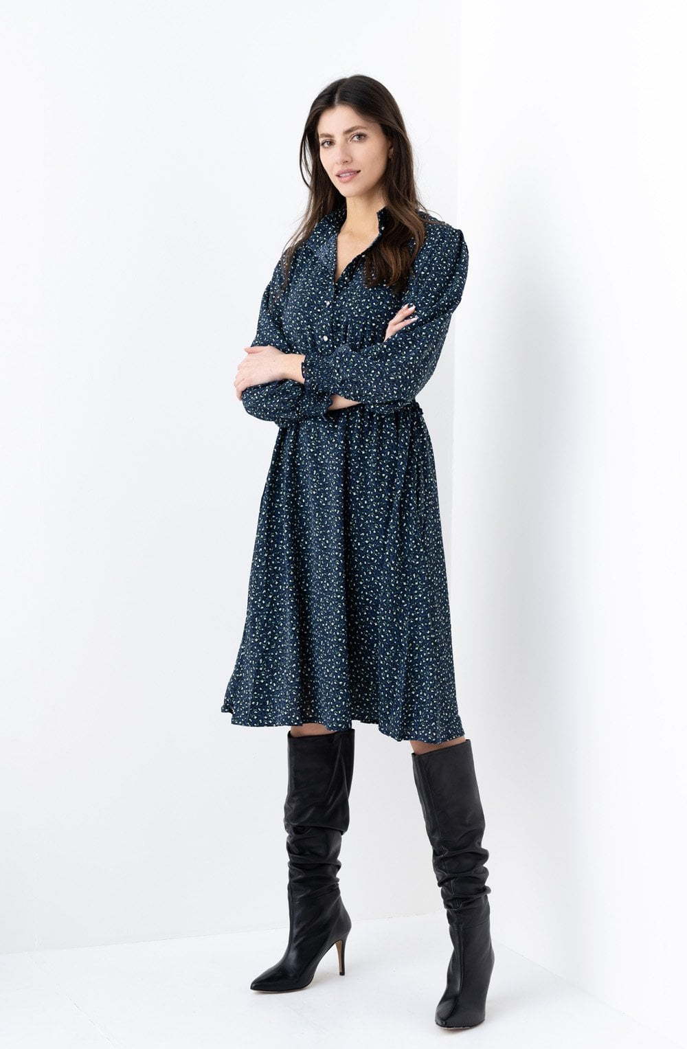 Navy and Green Patterned Dress