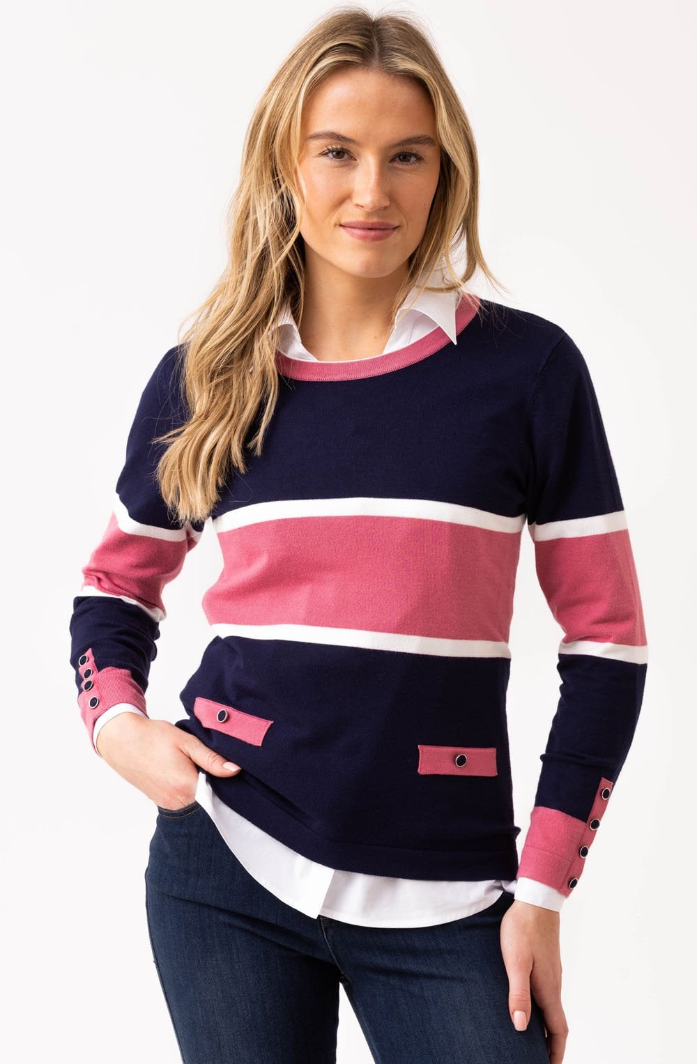 Navy and Pink Faux Pocket Sweater