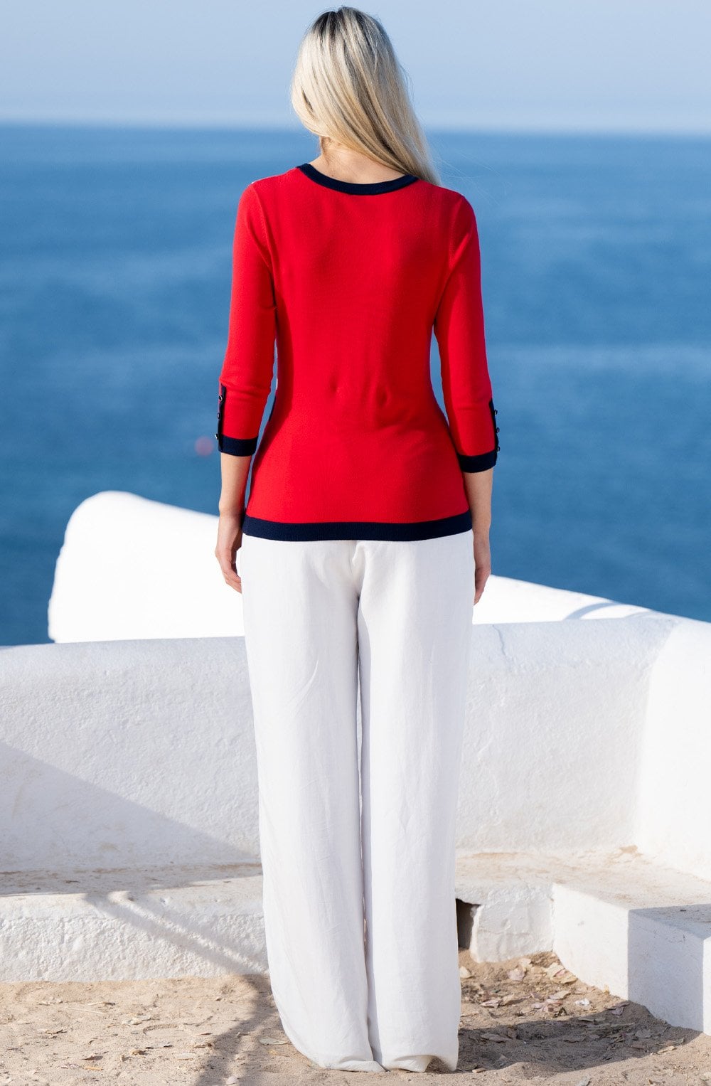 Navy and Red Button Detail Sweater