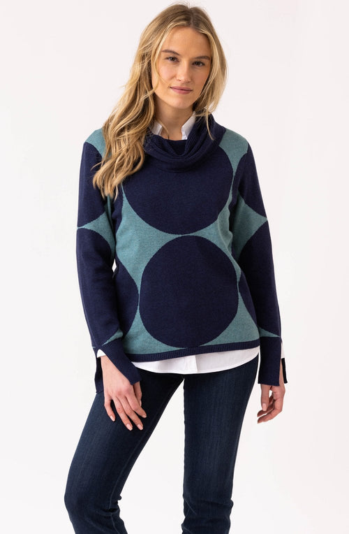 Navy and Sea Foam Polka Dot Cowl Neck Jumper