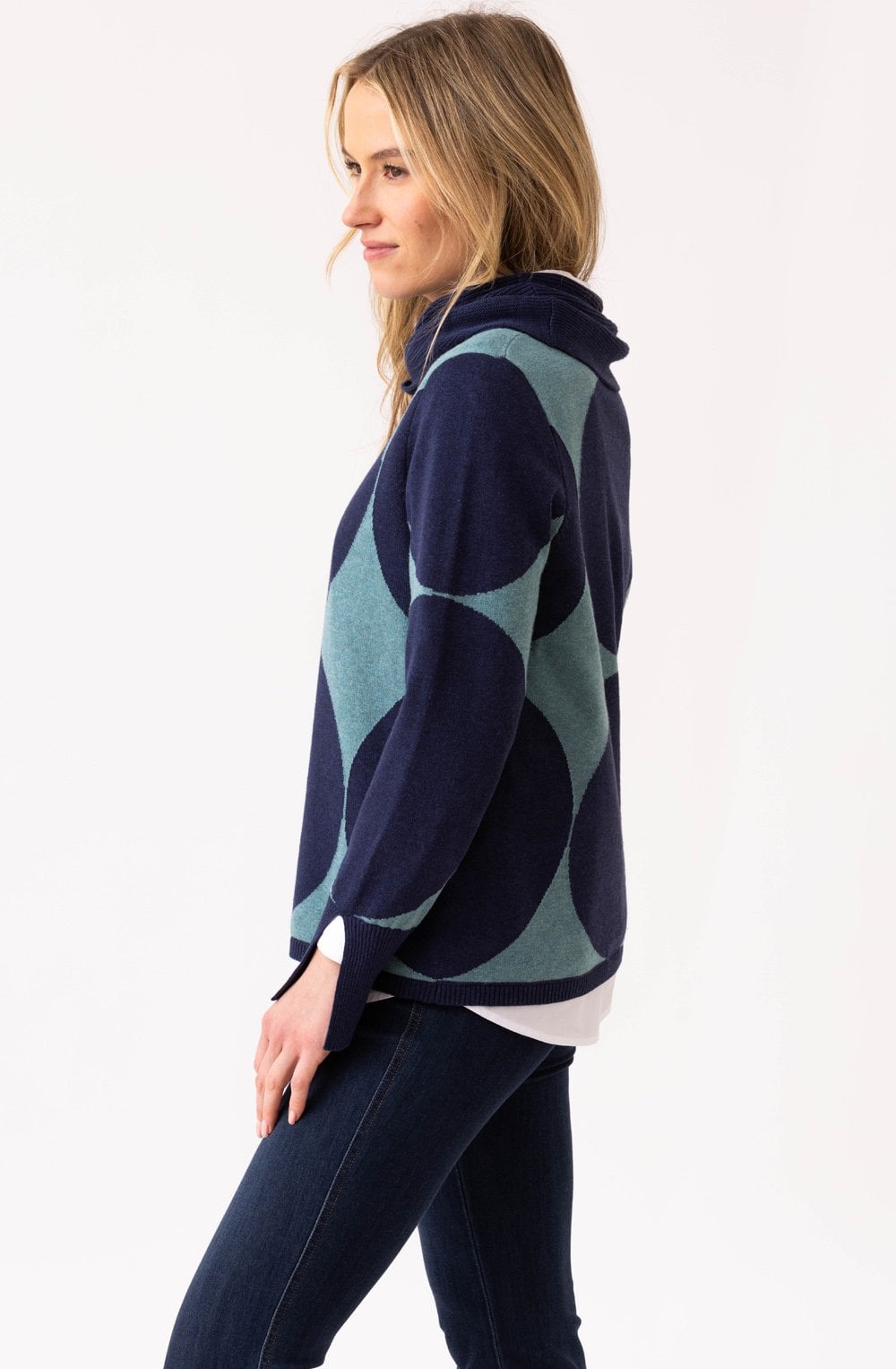 Navy and Sea Foam Polka Dot Cowl Neck Jumper