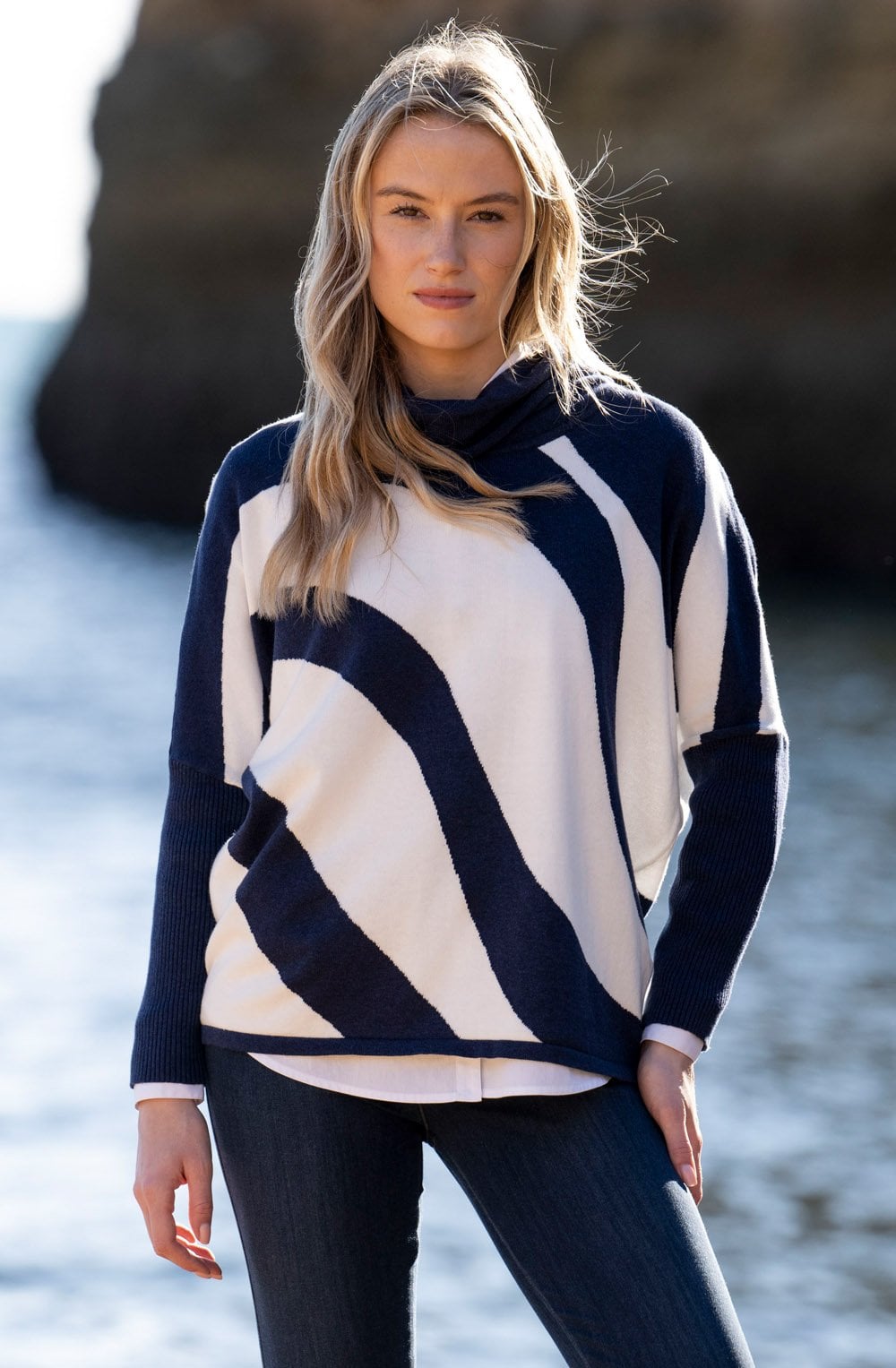 Navy and White Batwing and Cowl Neck Jumper