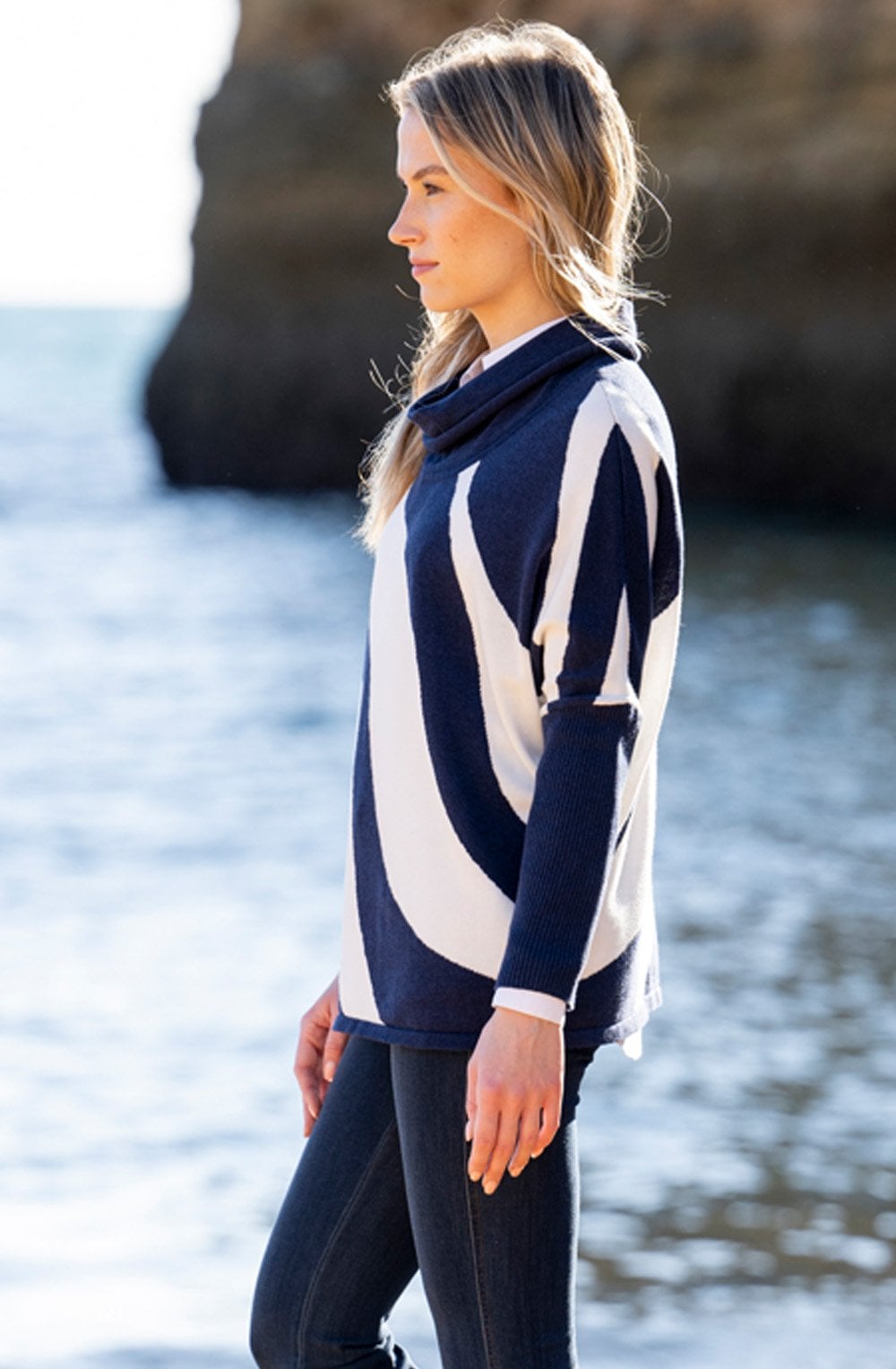 Navy and White Batwing and Cowl Neck Jumper