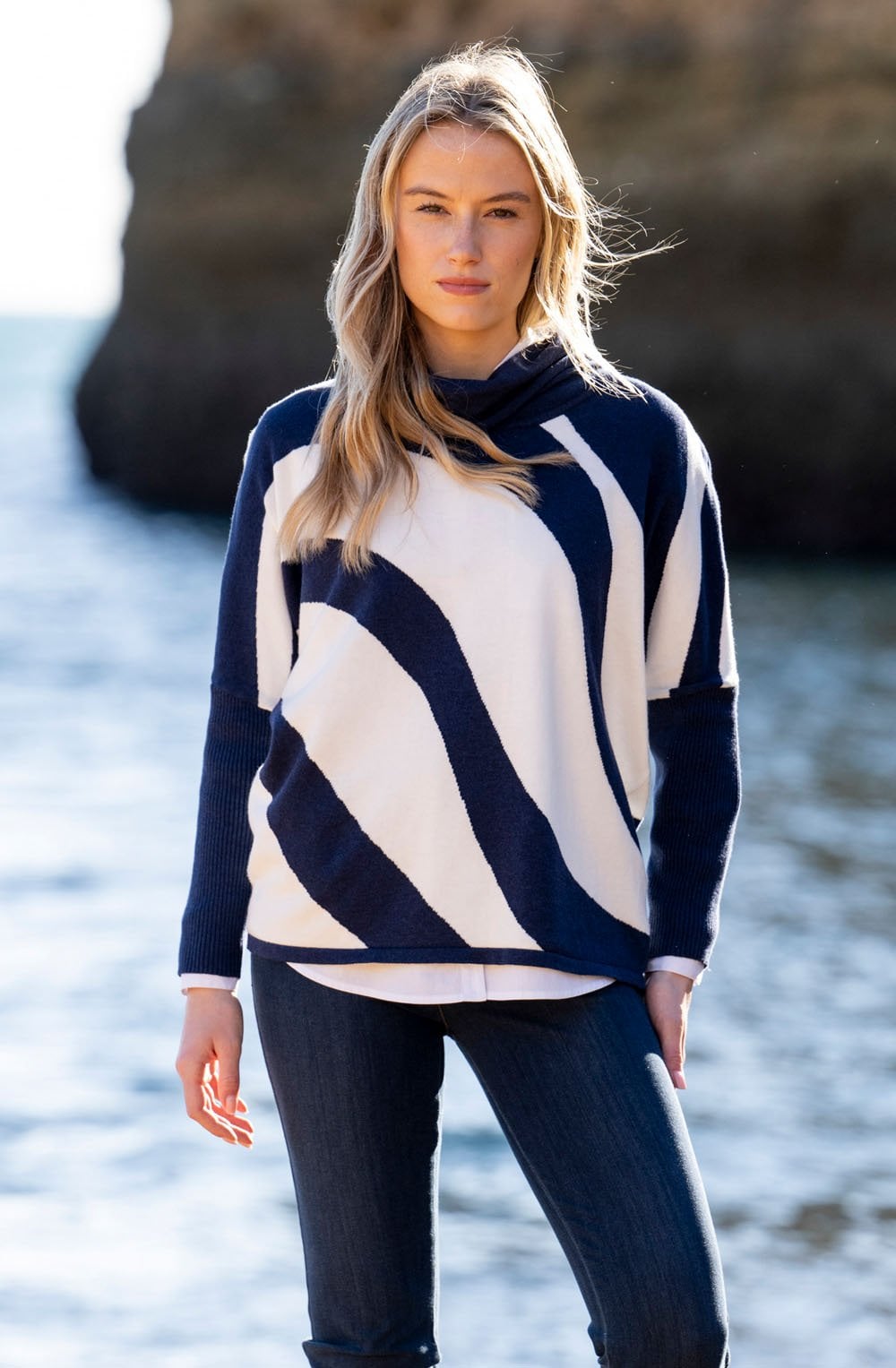 Navy and White Batwing and Cowl Neck Jumper