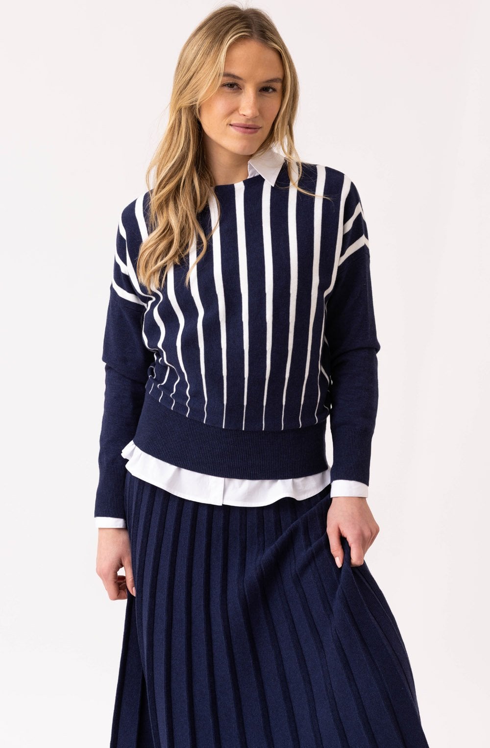 Navy and White Batwing Tapered Jumper