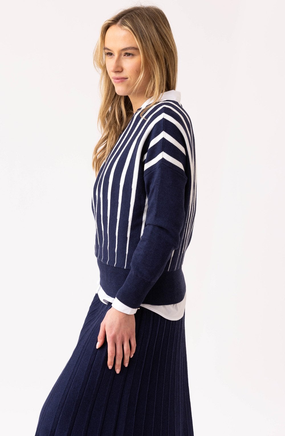 Navy and White Batwing Tapered Jumper