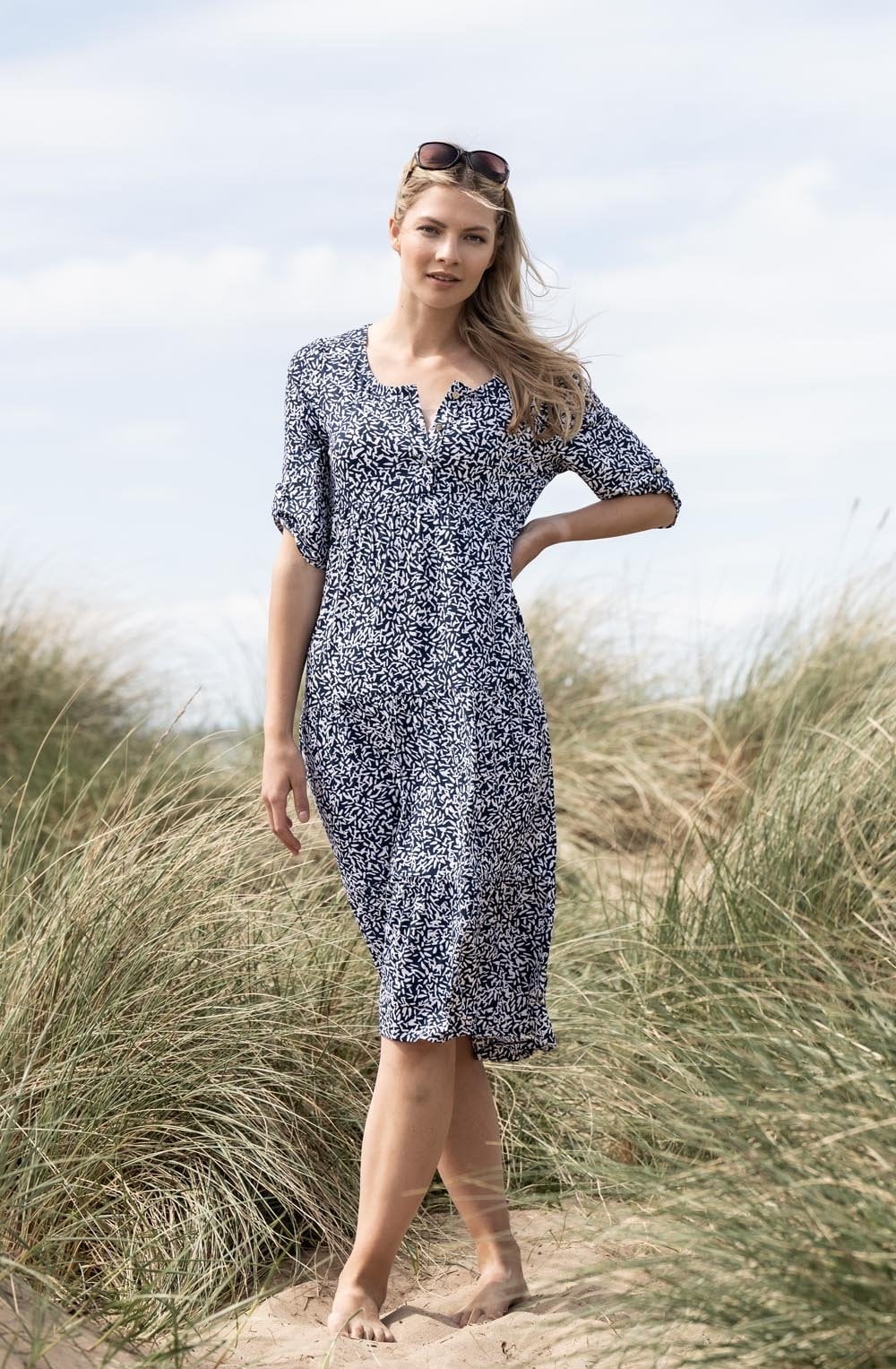 Navy And White Bold Print Tiered Dress