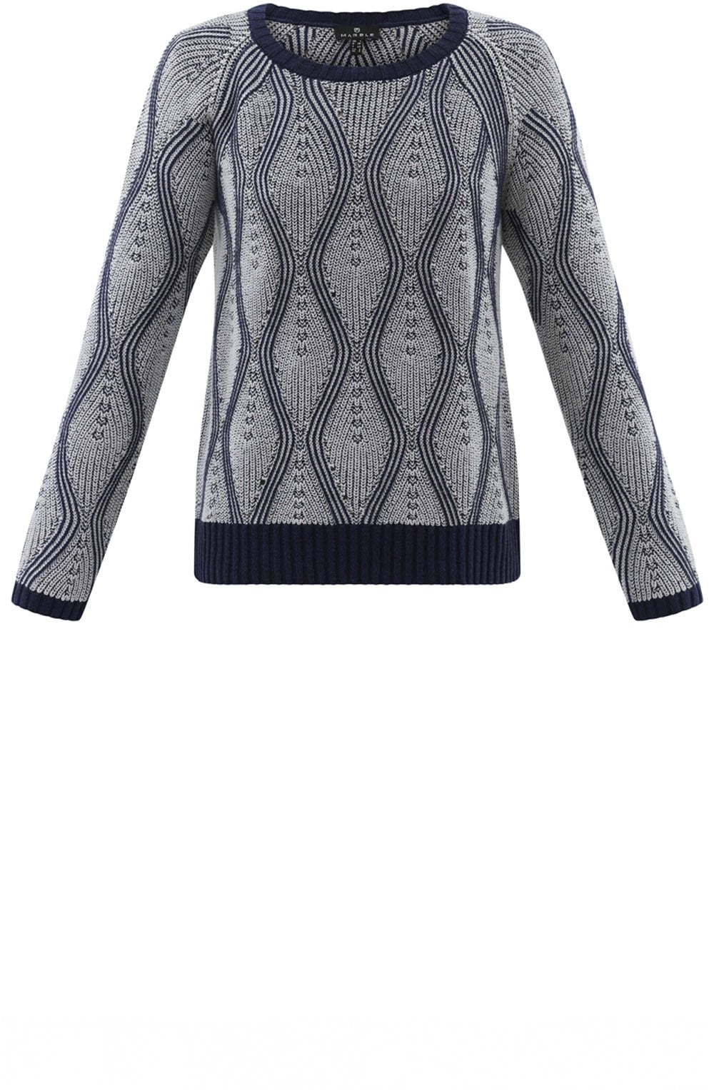 Navy and White Patterned Cable Knit Jumper