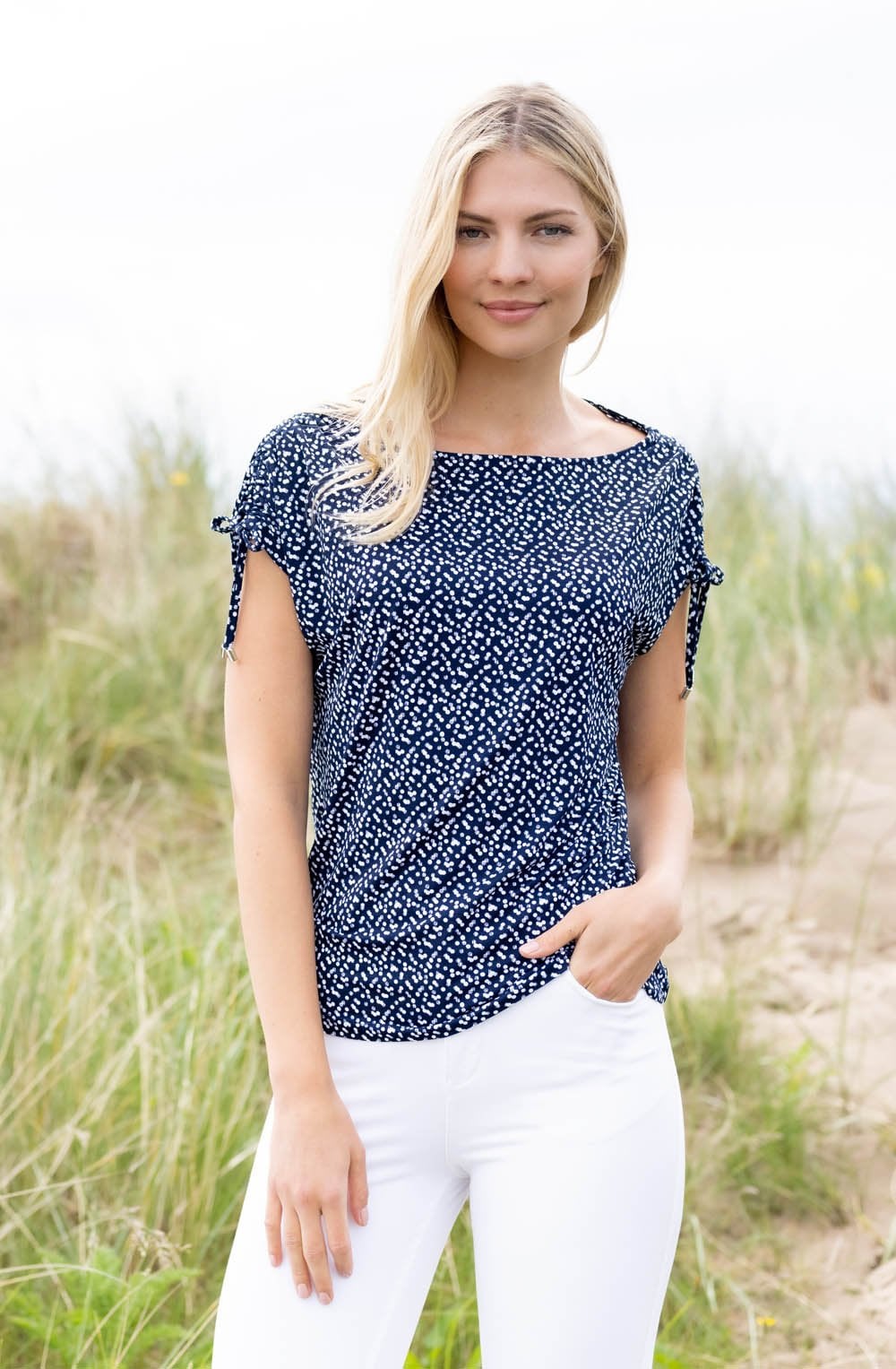 Navy and White Spotted Drawstring Shouldered Top