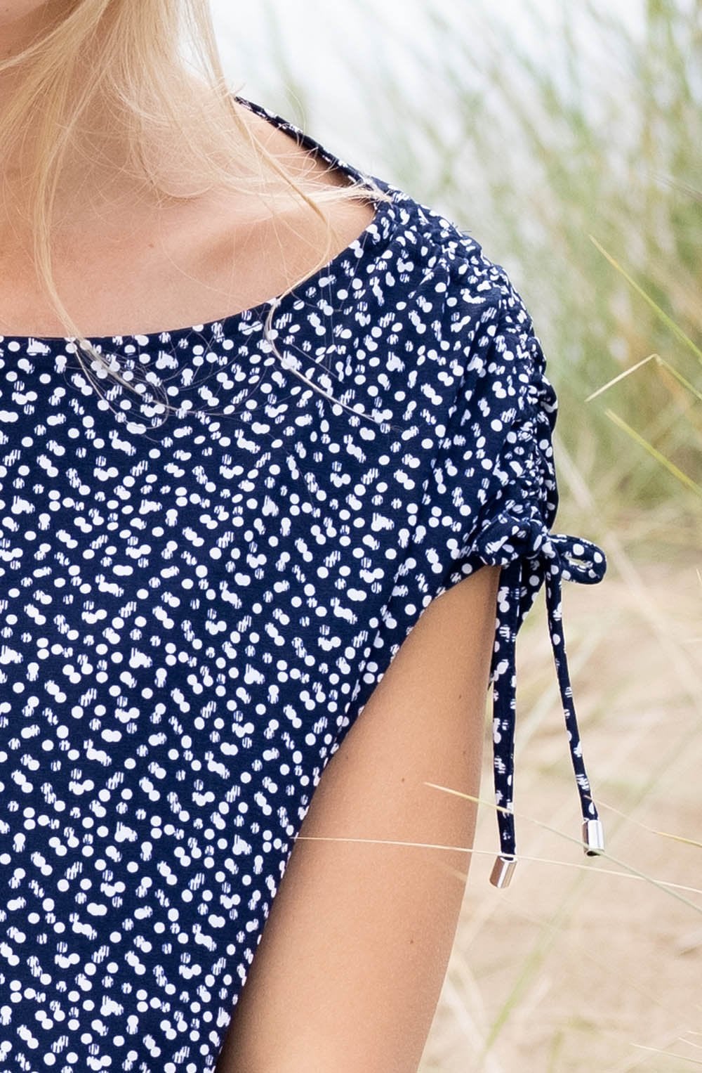Navy and White Spotted Drawstring Shouldered Top