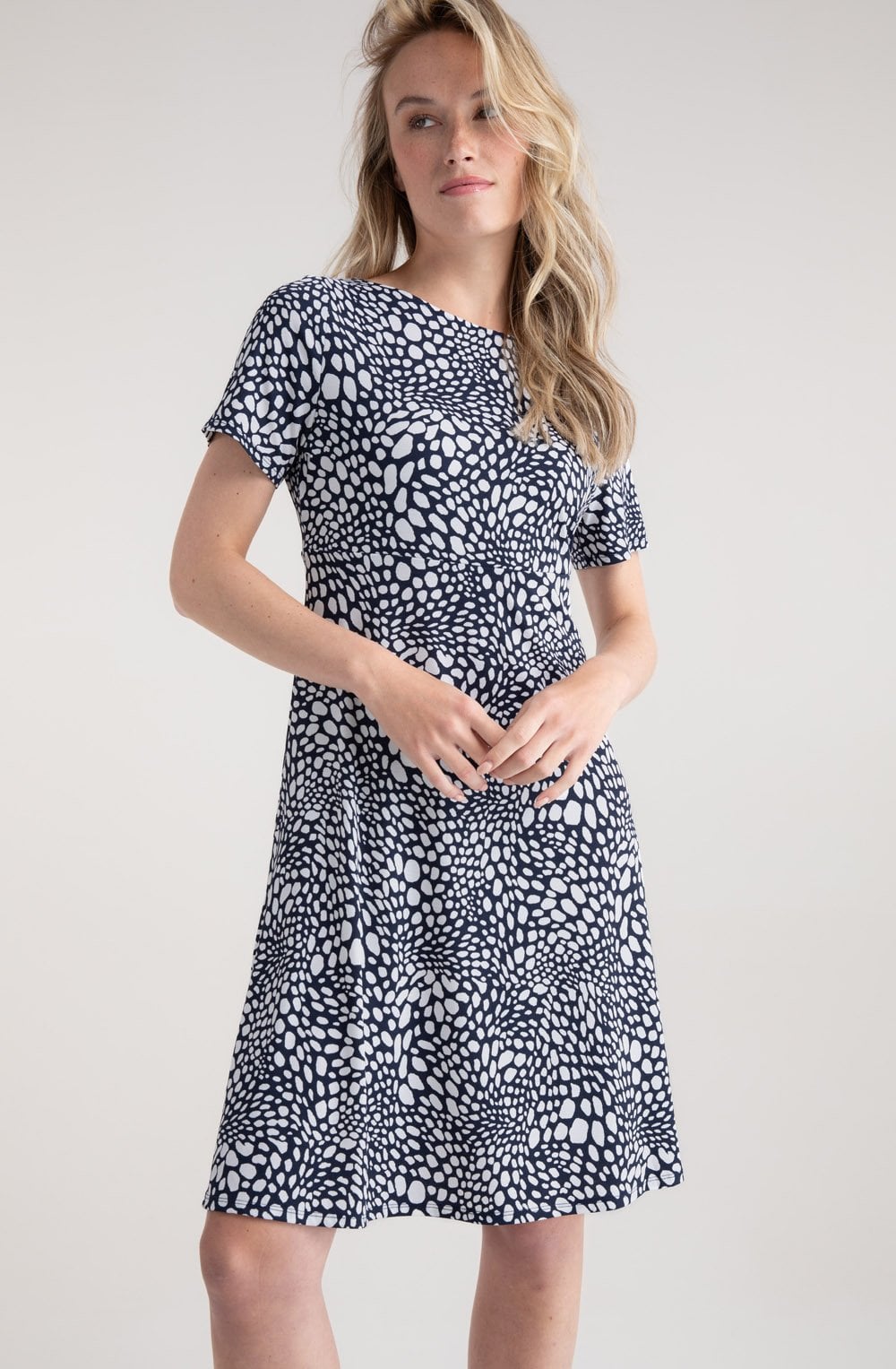Navy and White Spotted Jersey Shift Dress
