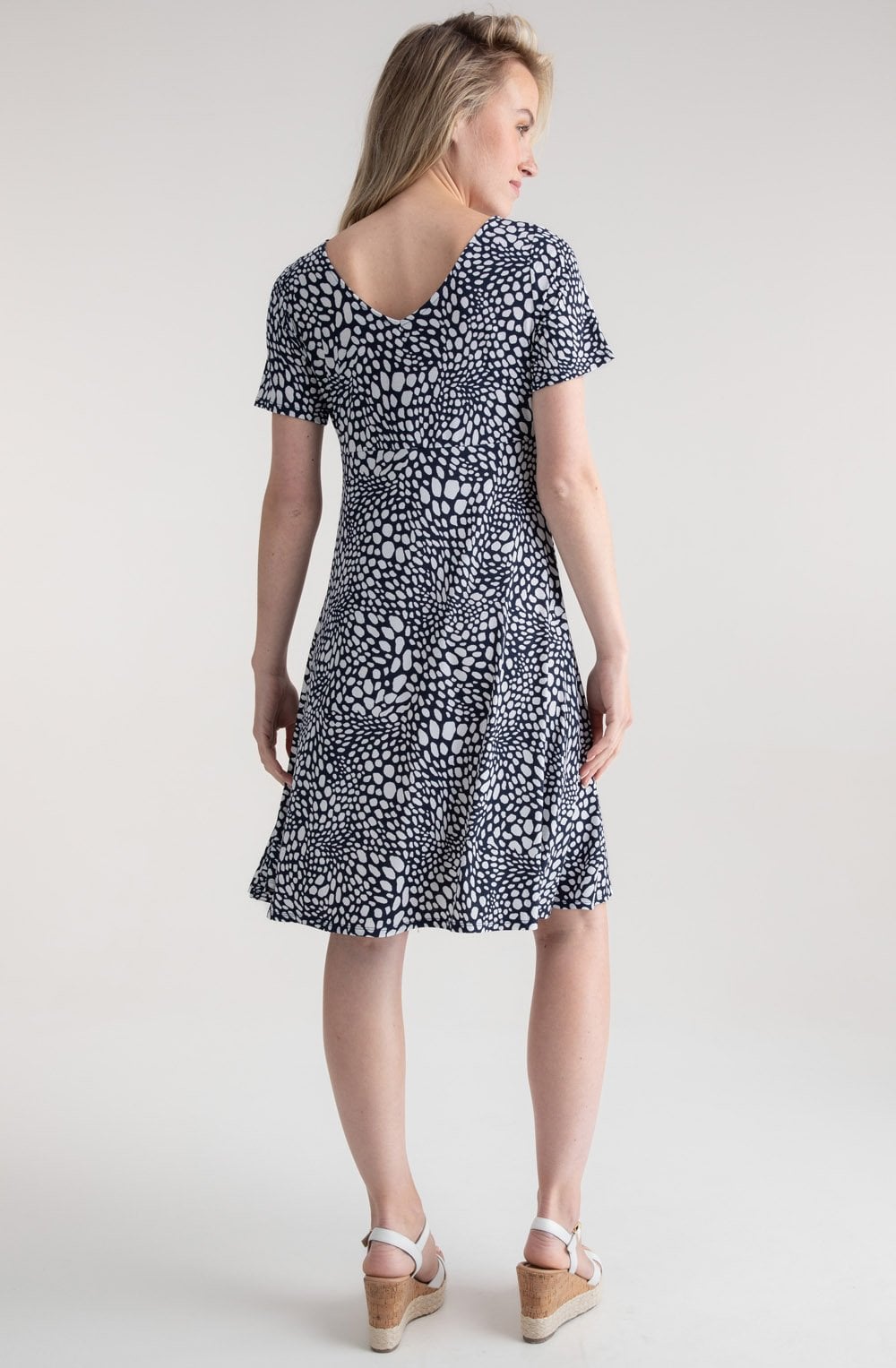 Navy and White Spotted Jersey Shift Dress