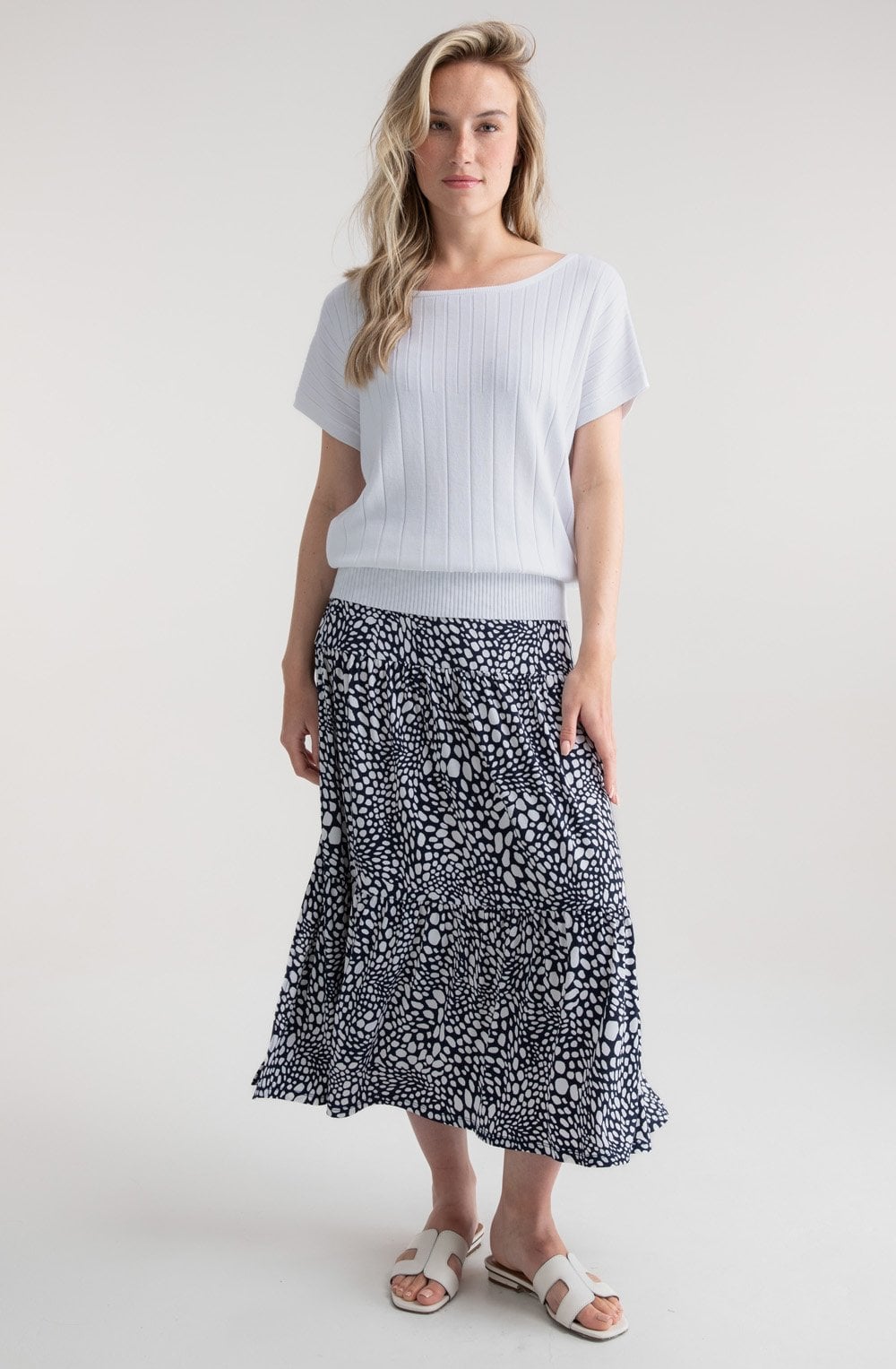 Navy and White Tiered Jersey Maxi Skirt
