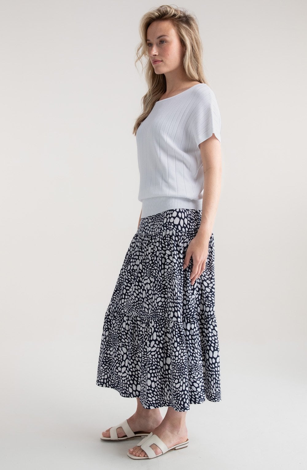 Navy and White Tiered Jersey Maxi Skirt