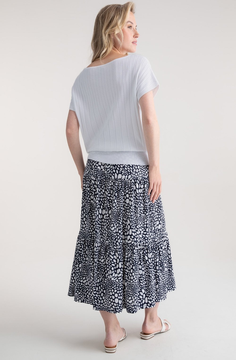 Navy and White Tiered Jersey Maxi Skirt