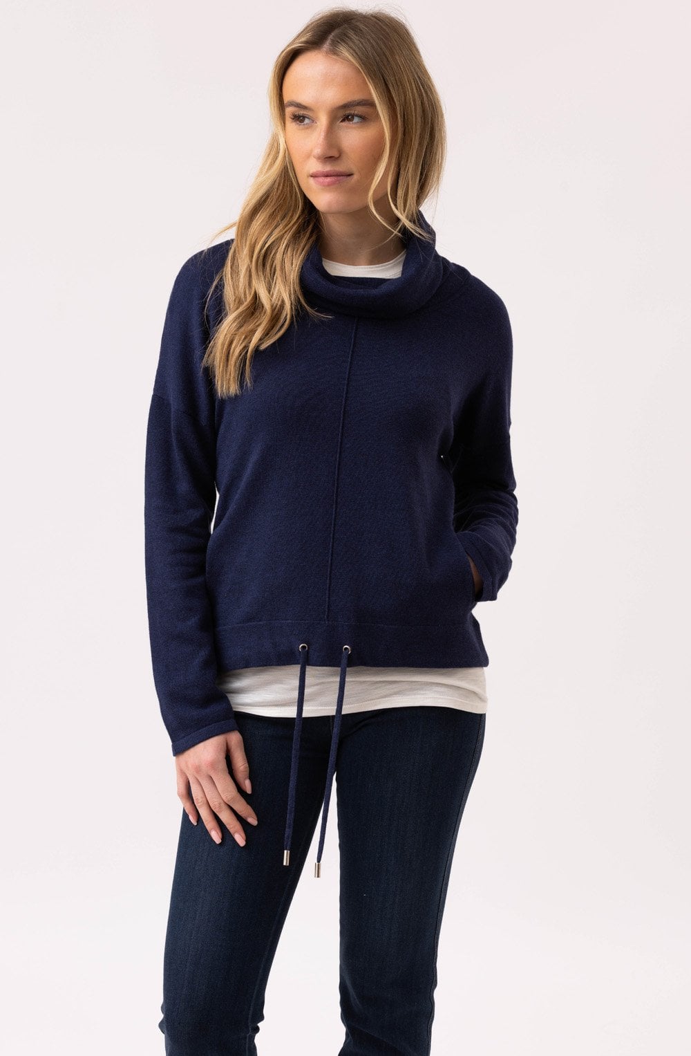 Navy Cowl Neck Drawstring Hem Jumper