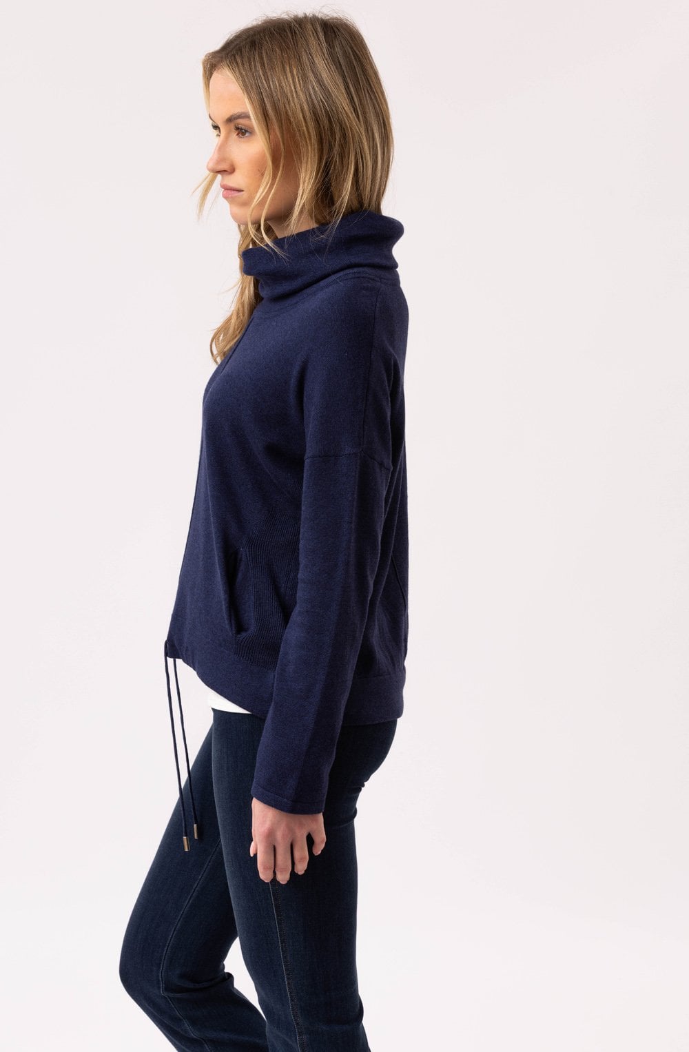 Navy Cowl Neck Drawstring Hem Jumper