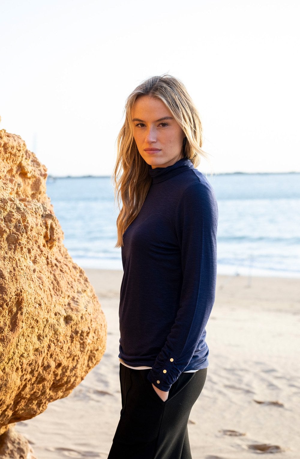 Navy Jersey Polo Neck Top