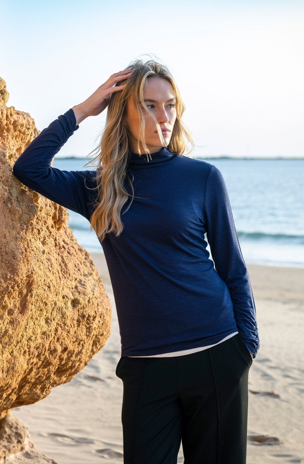 Navy Jersey Polo Neck Top