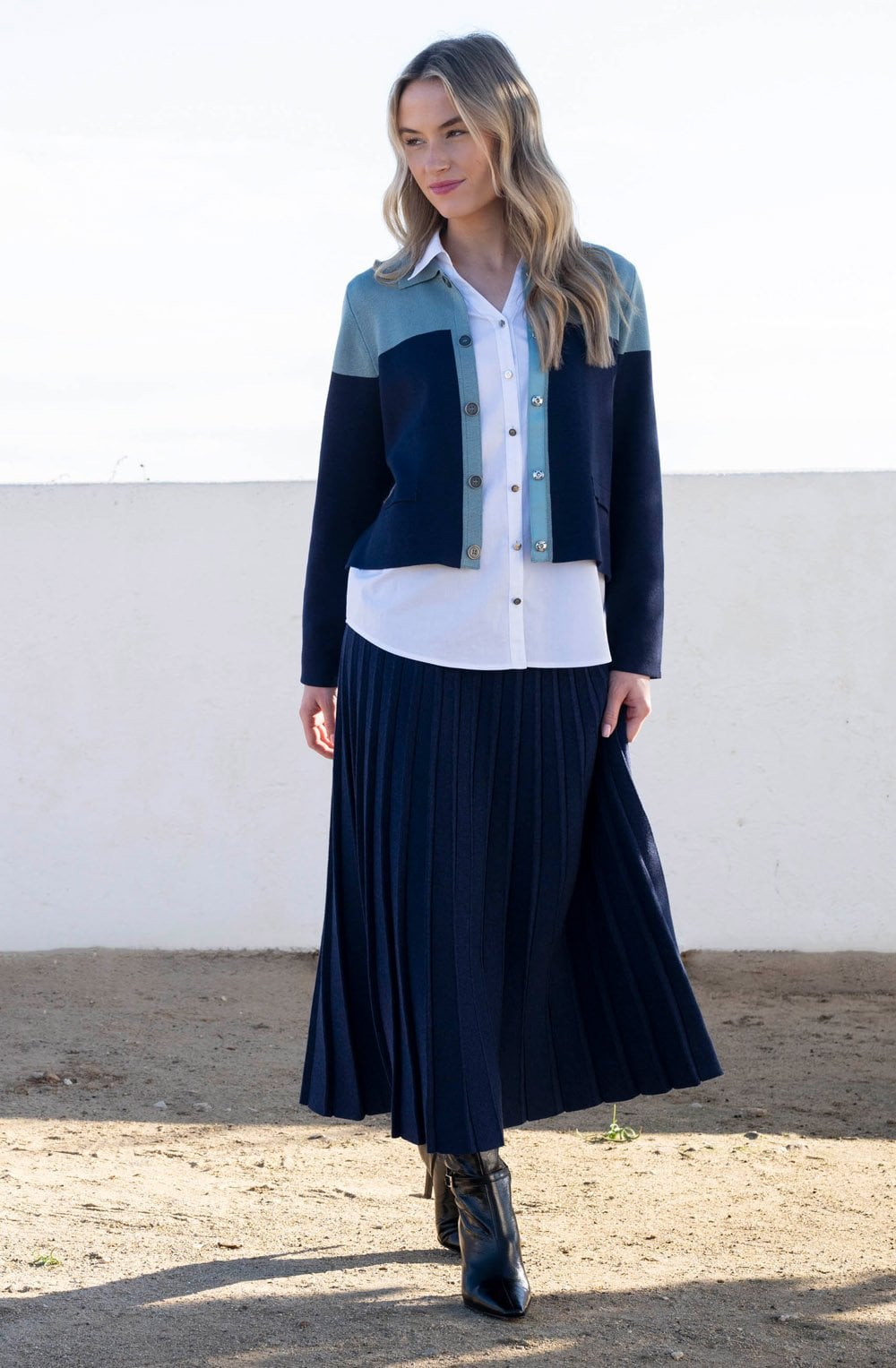 Navy Knitted Pleated Midi Skirt