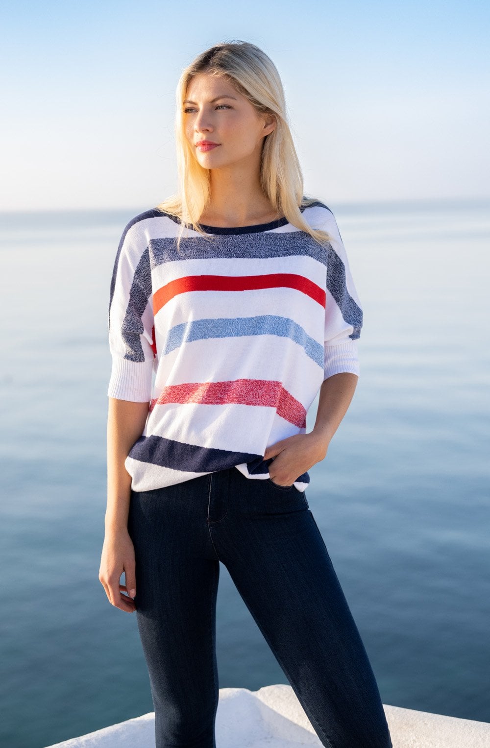 Navy Red and White Short Sleeved Sweater