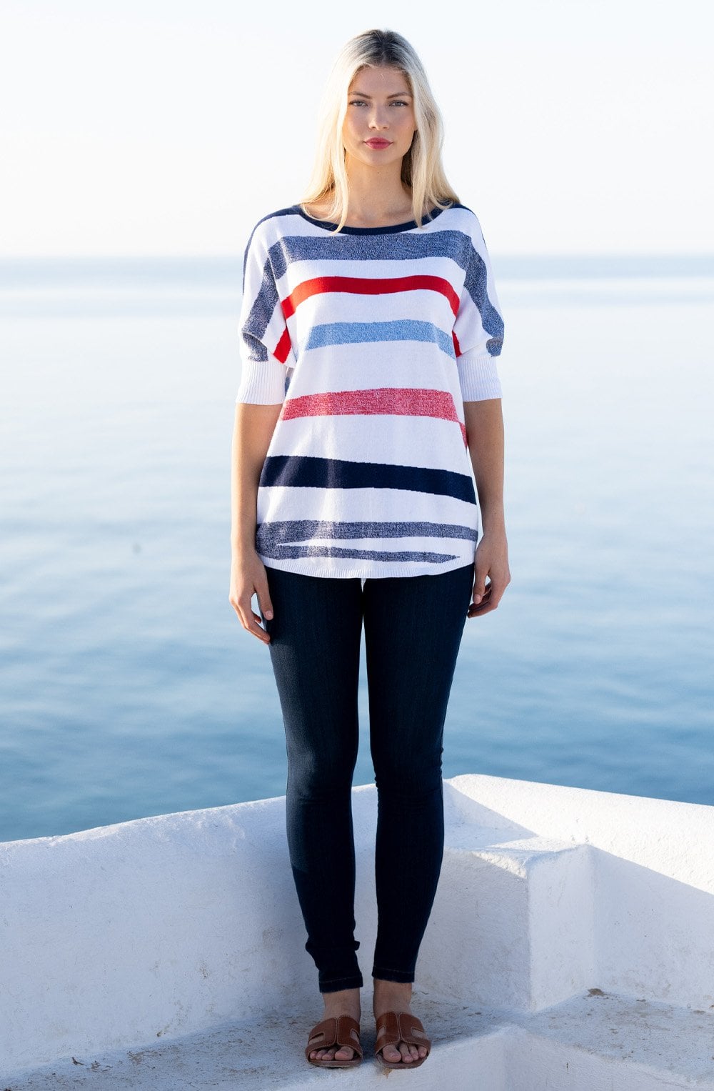 Navy Red and White Short Sleeved Sweater