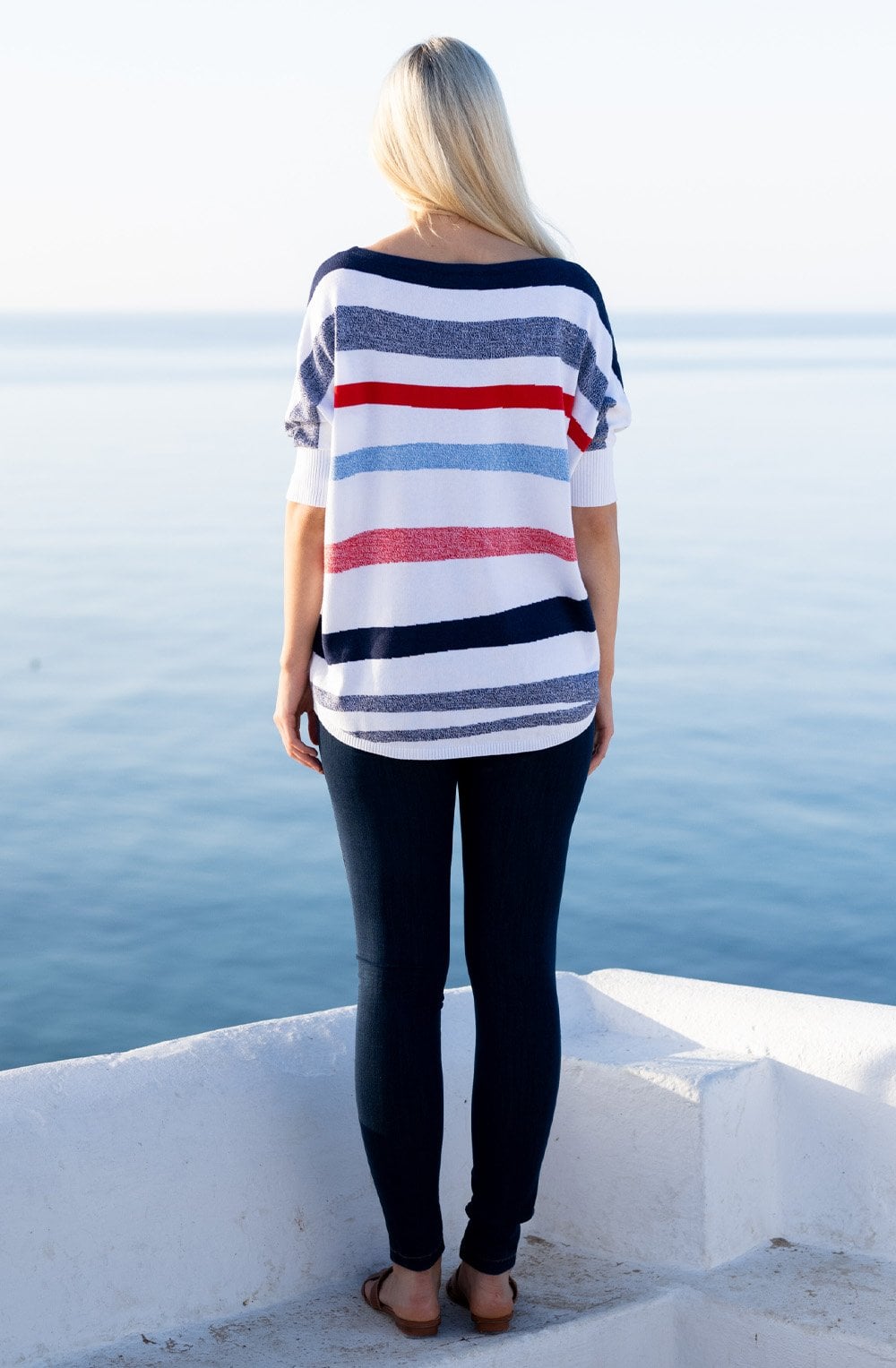 Navy Red and White Short Sleeved Sweater