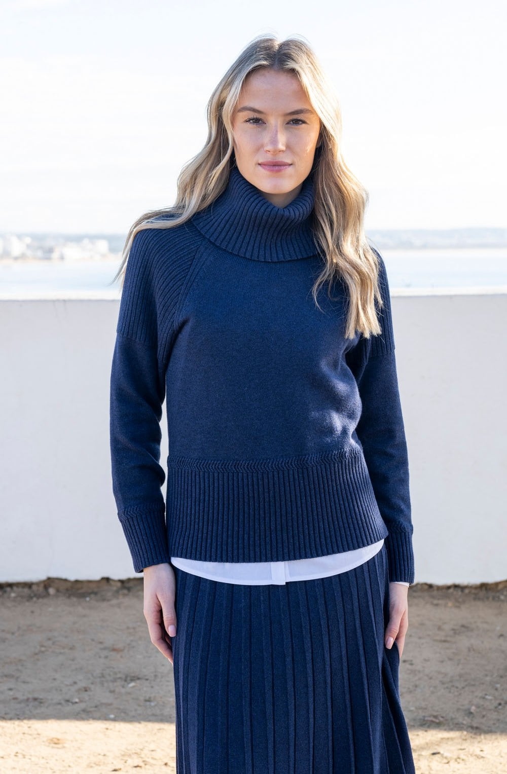 Navy Ribbed Knit Roll Neck JUmper