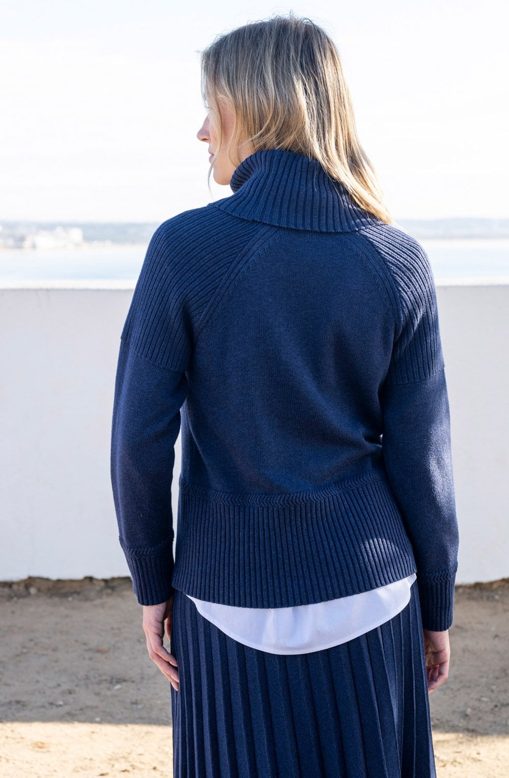 Navy Ribbed Knit Roll Neck JUmper