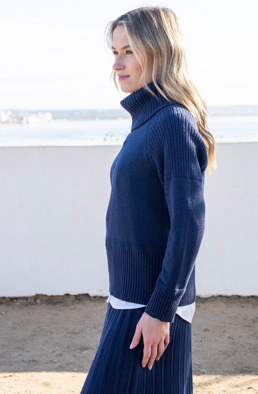 Navy Ribbed Knit Roll Neck JUmper