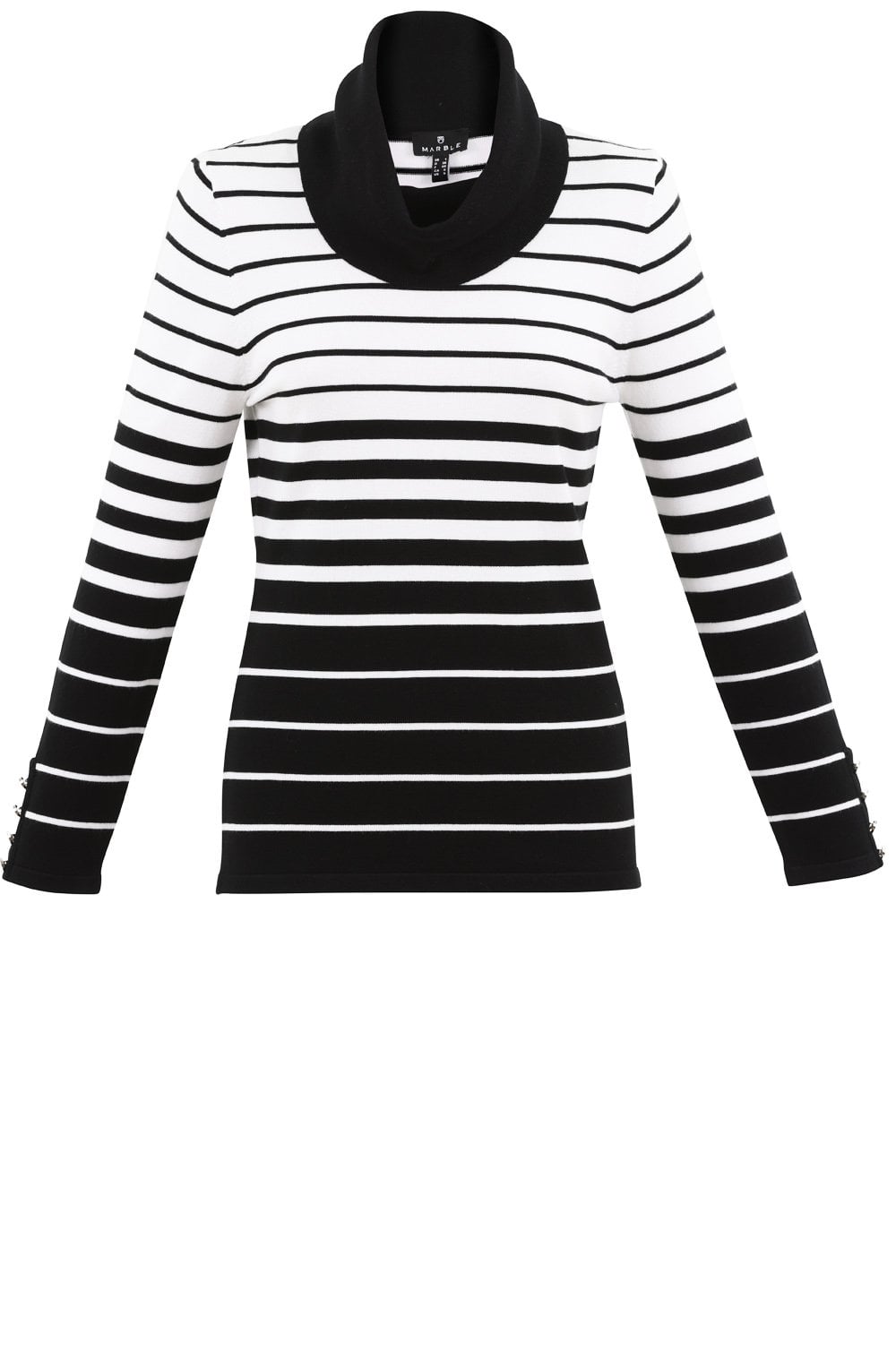 Off White and Black Striped Cowl Neck Sweater