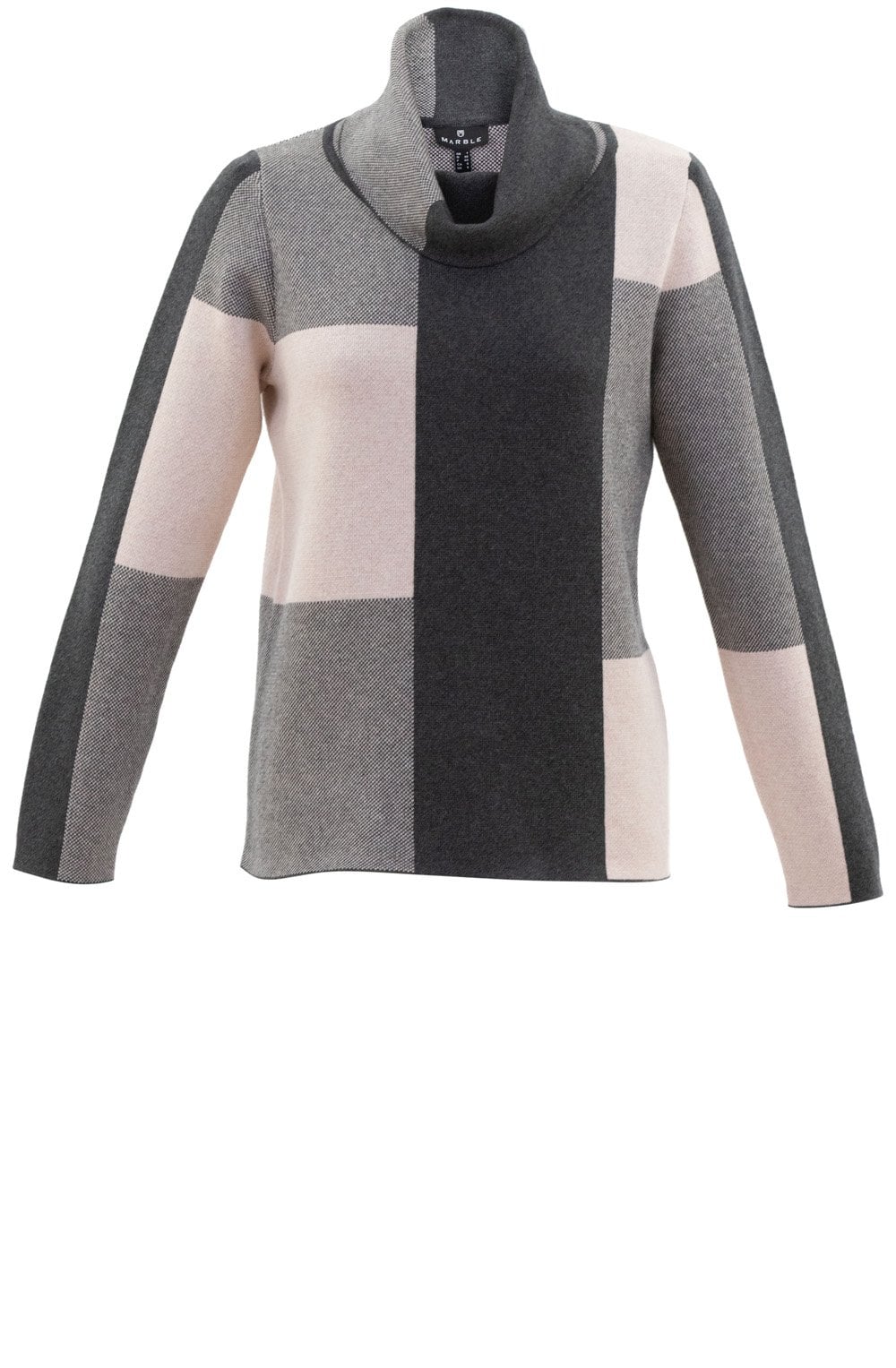 Pink and Grey Large Check Roll Neck Jumper