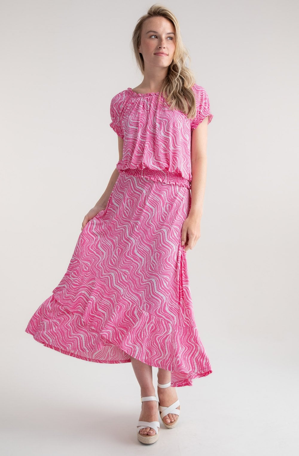 Pink and White Tiered Jersey Maxi Skirt